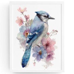Watercolor Floral Blue Jay Art Print - Unframed Wall Decor